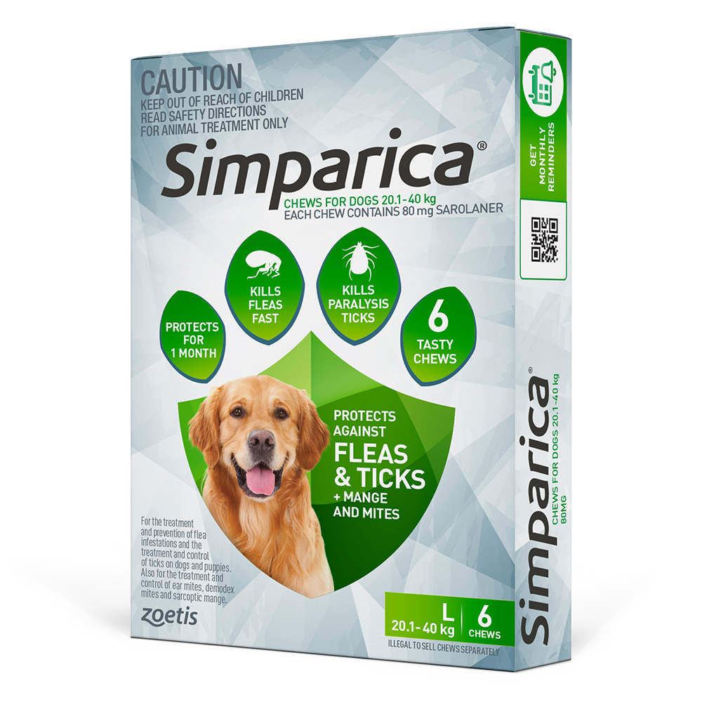 Simparica Chewables 80MG for Large Dogs 20.1-40KG (GREEN)