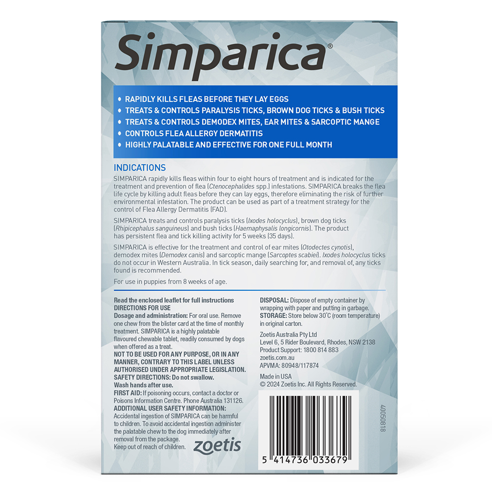 Simparica Chewables 40MG for Medium Dogs 10.1-20KG (BLUE)