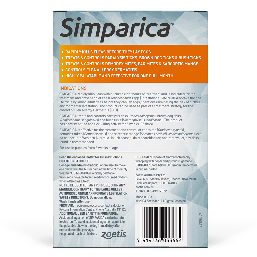 Simparica Chewables 20MG for Small Dogs 5.1-10KG (ORANGE)