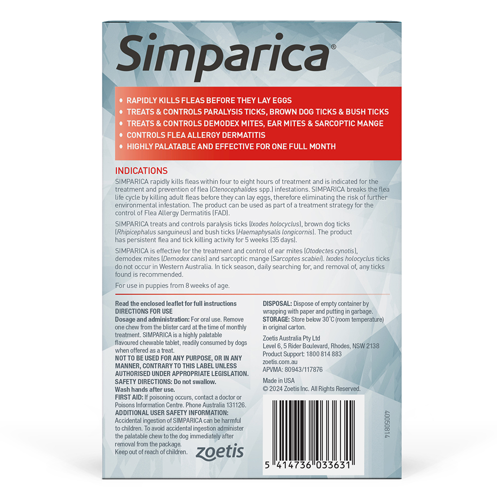Simparica Chewables 120MG for XLarge Dogs 40.1-60KG (RED)