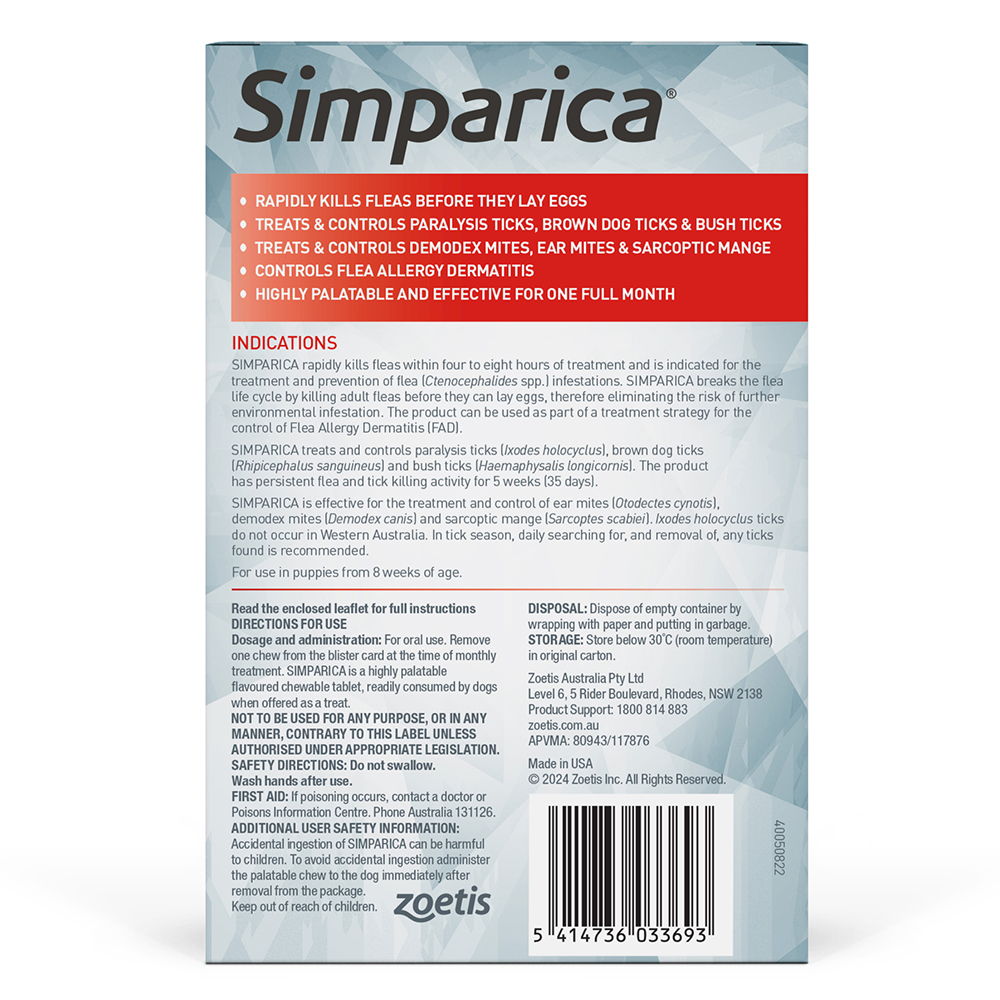 Simparica Chewables 120MG for XLarge Dogs 40.1-60KG (RED)