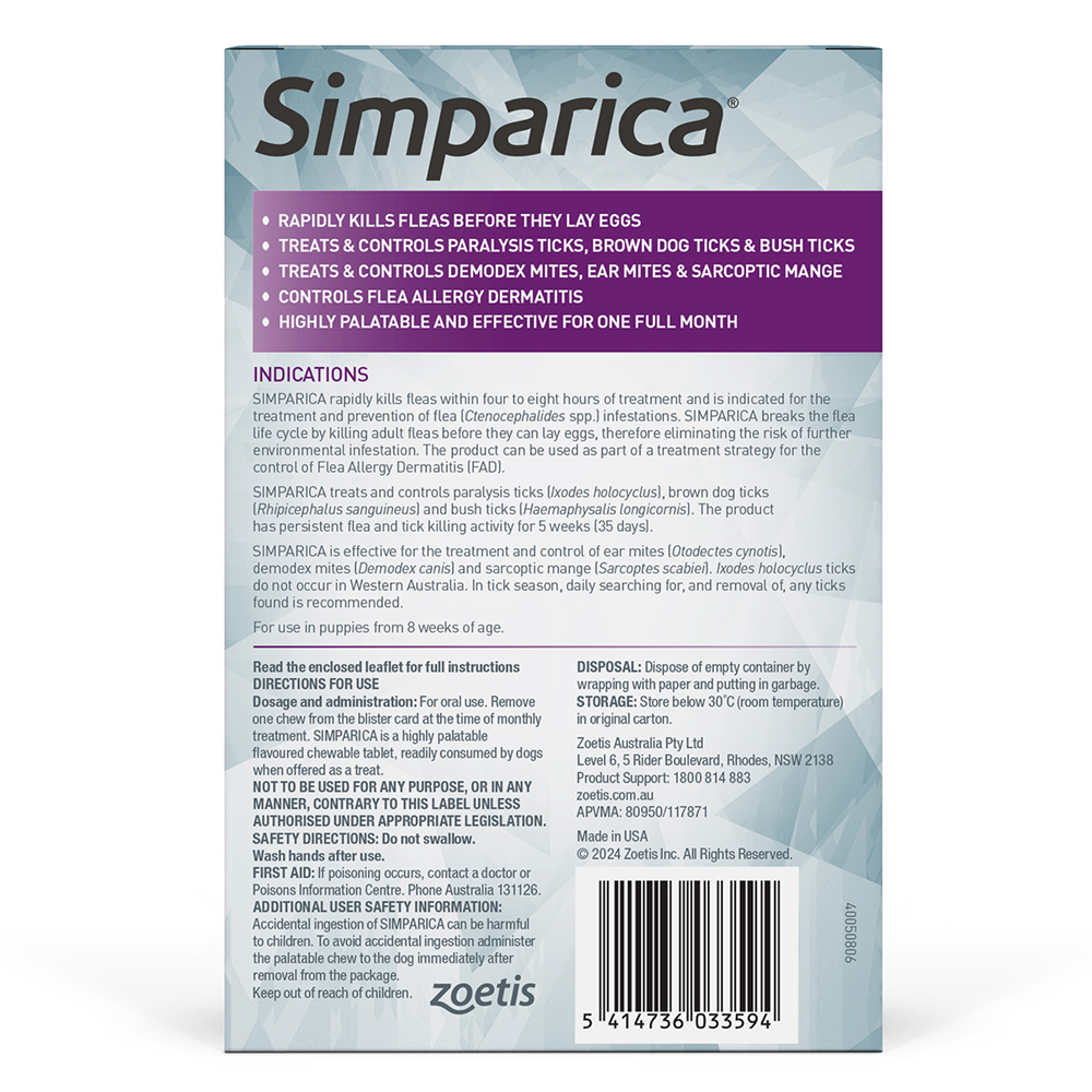 Simparica Chewables 10MG for Very Small Dogs 2.5-5KG (PURPLE)