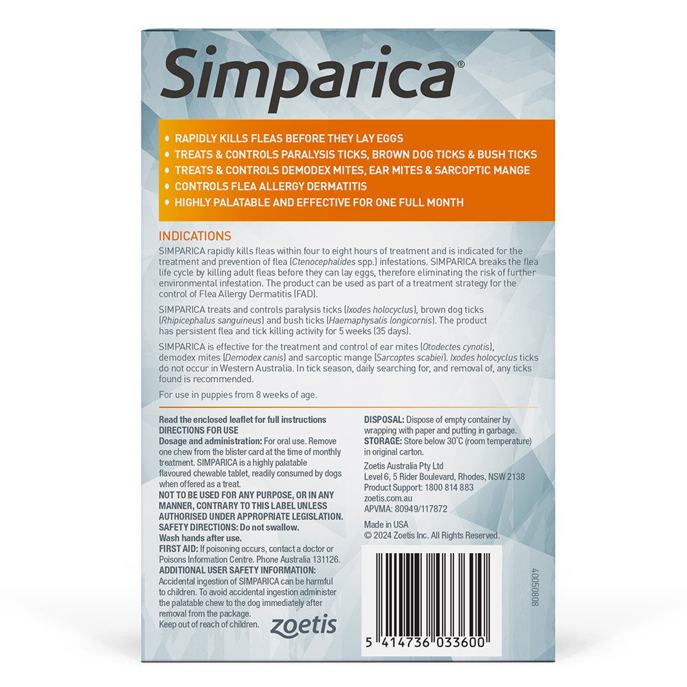 Simparica Chewables 20MG for Small Dogs 5.1-10KG (ORANGE)