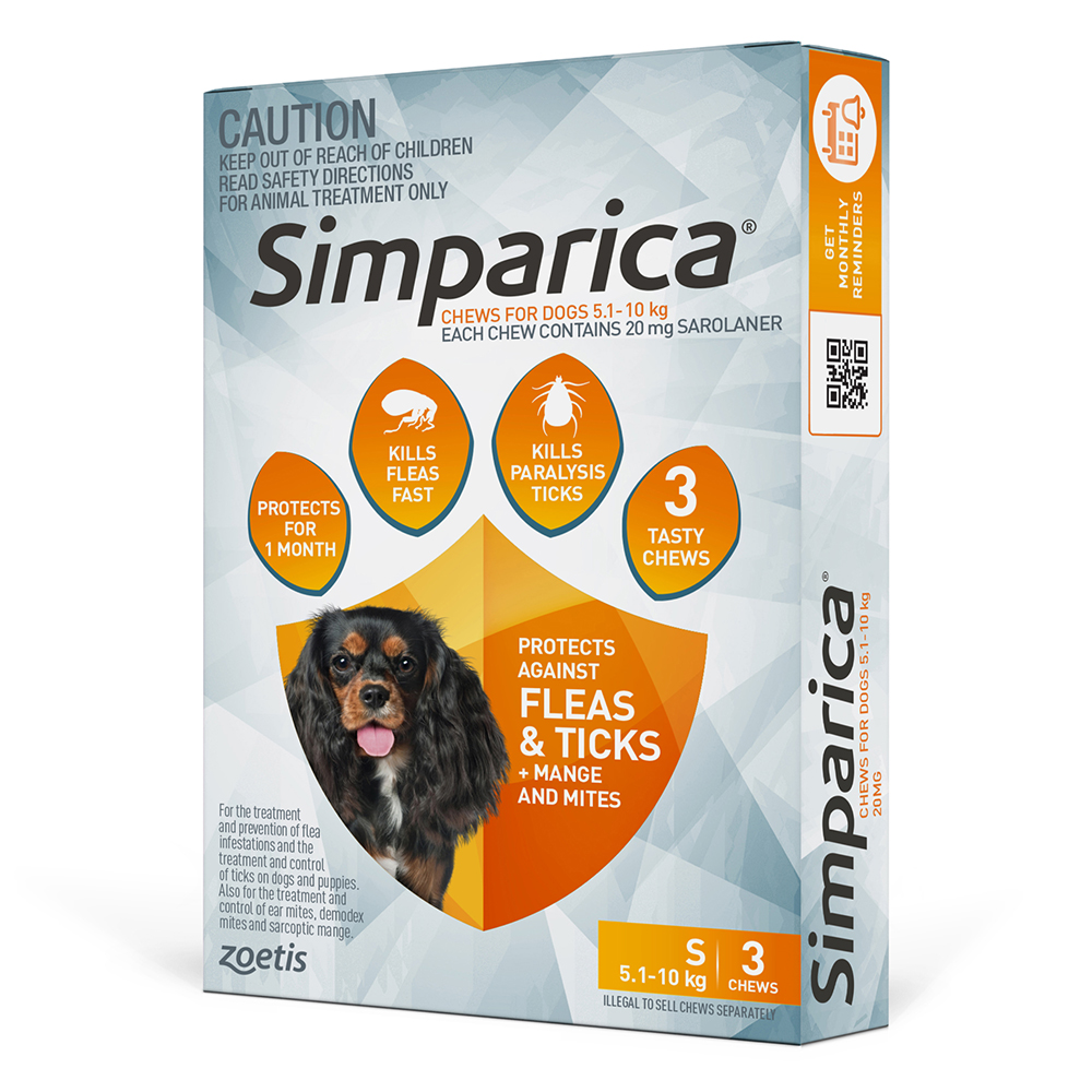 Simparica Chewables 20MG for Small Dogs 5.1-10KG (ORANGE)