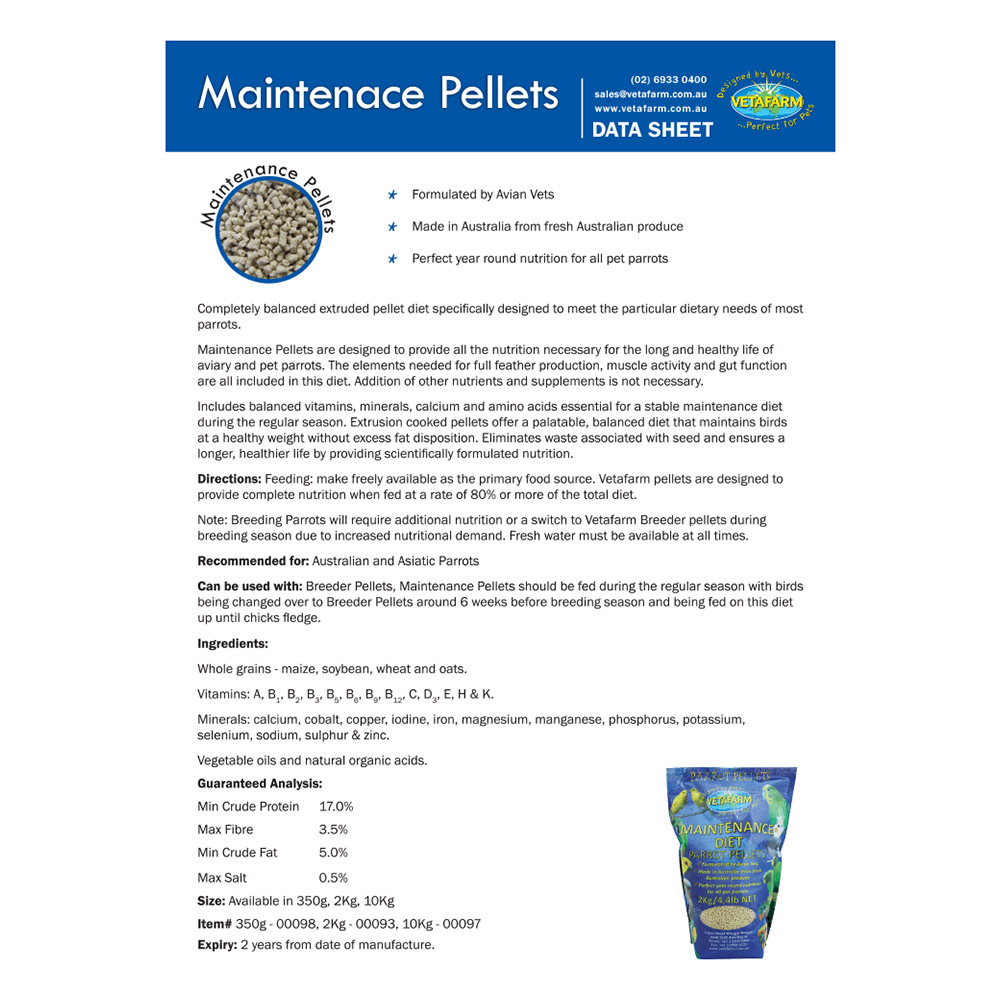 Vetafarm Maintenance Diet Parrot Pellet for Birds