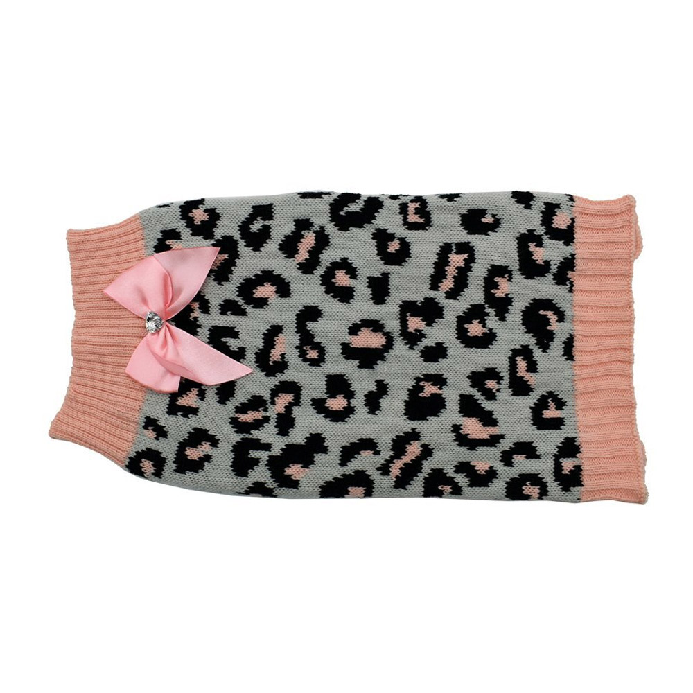ZeeZ Knitted Leopard Print Dog Sweater with Bow for Dog Supplies