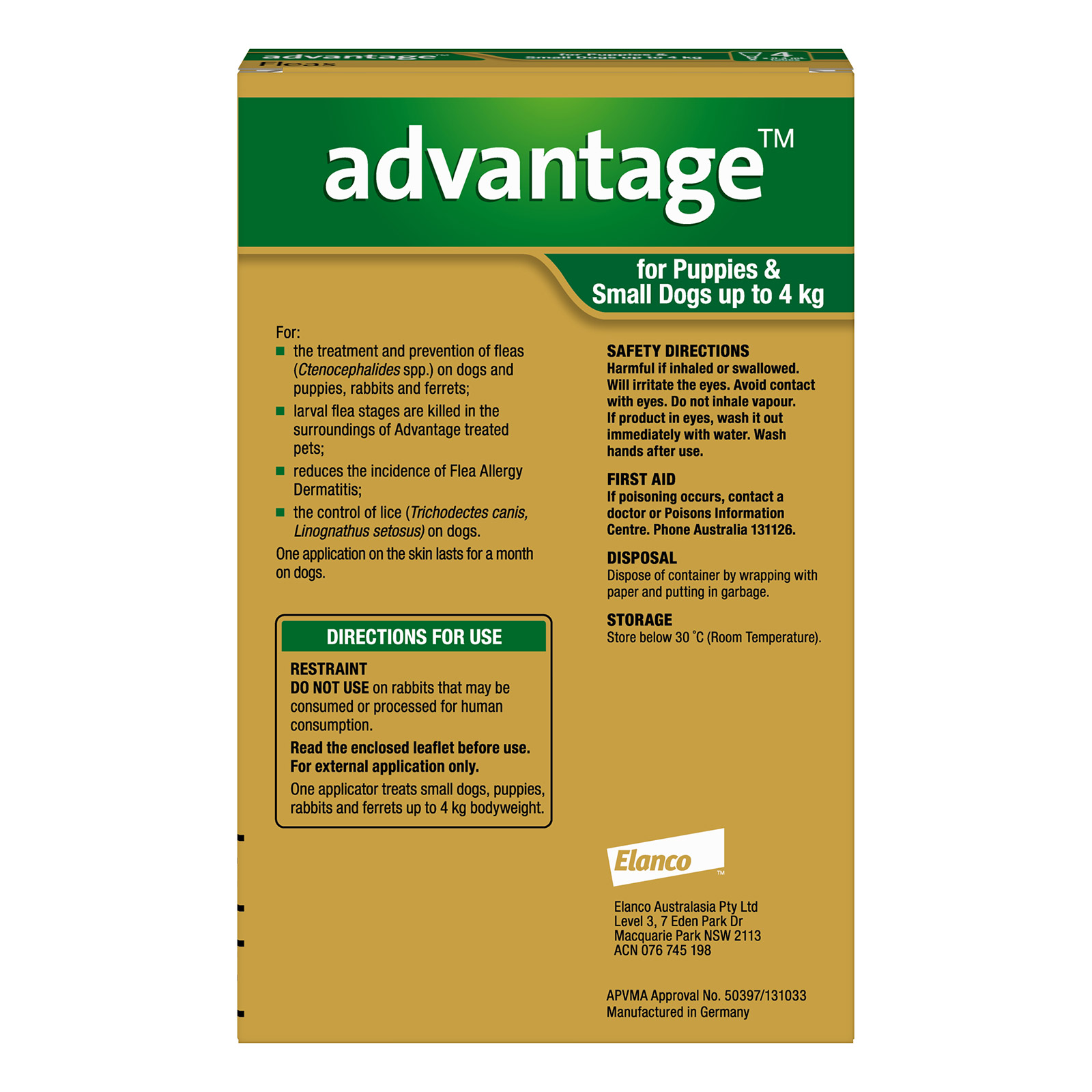Advantage For Small Dogs Up To 4Kg (Green)