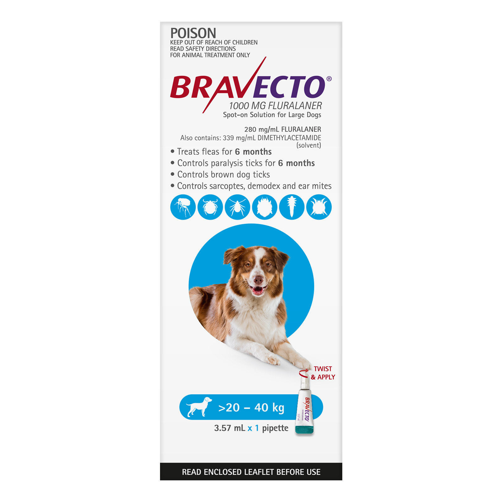 Buy Bravecto Spot On for Large Dogs 20 40 kg Aqua 1 Pack Online