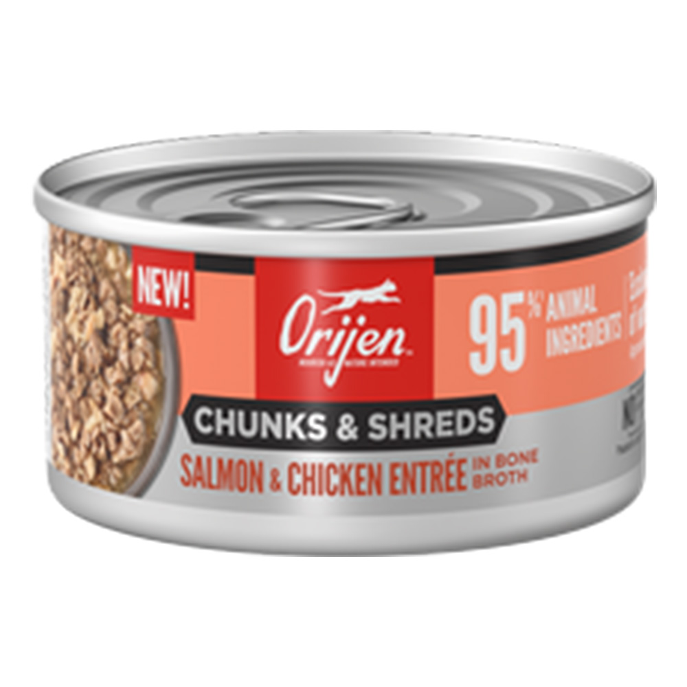 Orijen Chunks & Shreds Salmon & Chicken Entree in Bone Broth Canned Wet Cat Food 155 Gm