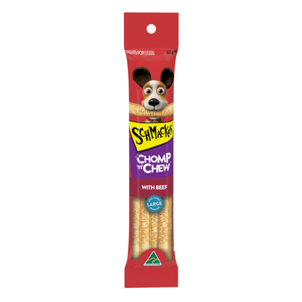 Schmackos Chomp N Chew With Beef Low Lasting Large Rawhide Dog Treats  60 Gm